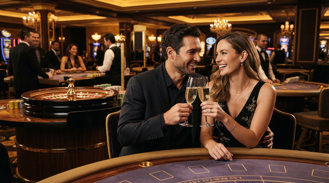 Køb krypto casino uden om ROFUS — A sophisticated couple clinking champagne flutes, a roulette wheel gleaming in t