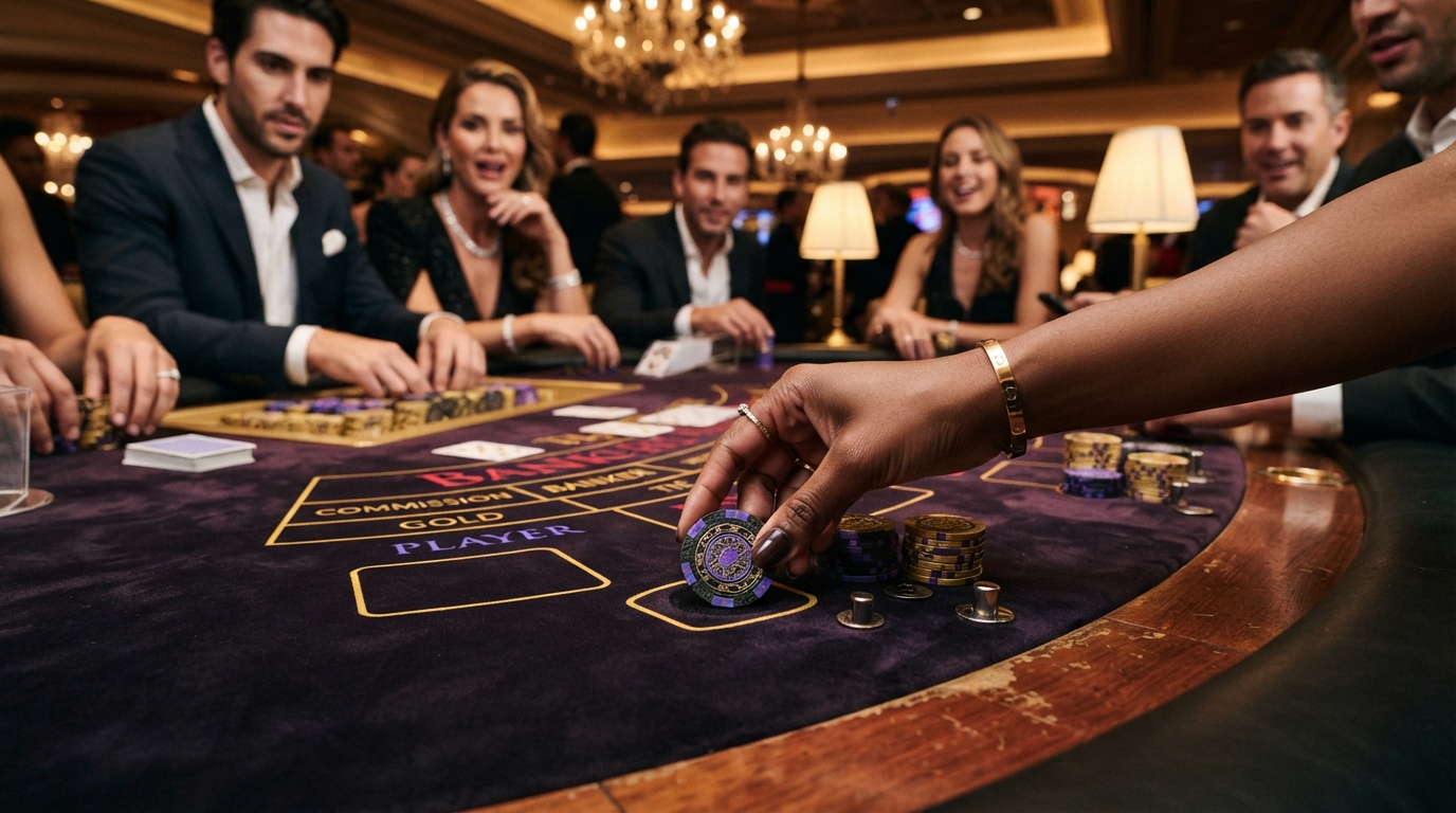 Køb krypto casino uden om ROFUS — Close-up on a hand placing a high-value chip on a velvet-lined baccarat table, a