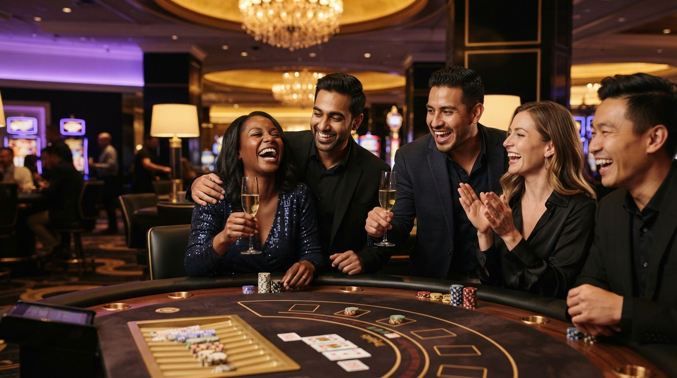 Køb krypto casino uden om ROFUS — A diverse group of friends laughing and celebrating around a poker table, bathed