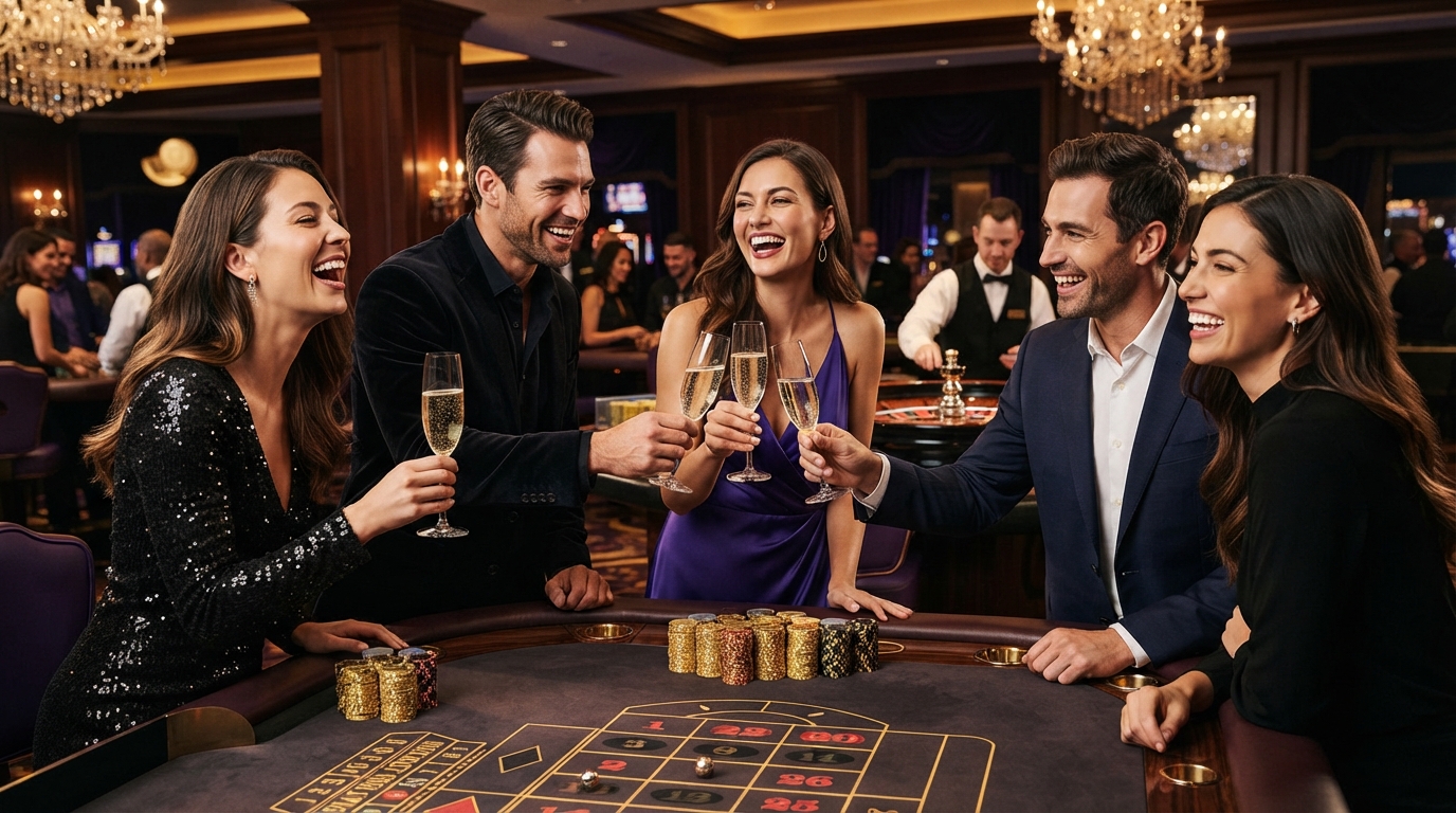 Casino bonus uden indbetaling uden ROFUS — Champagne toast at a private roulette table, gold chips glittering under soft li