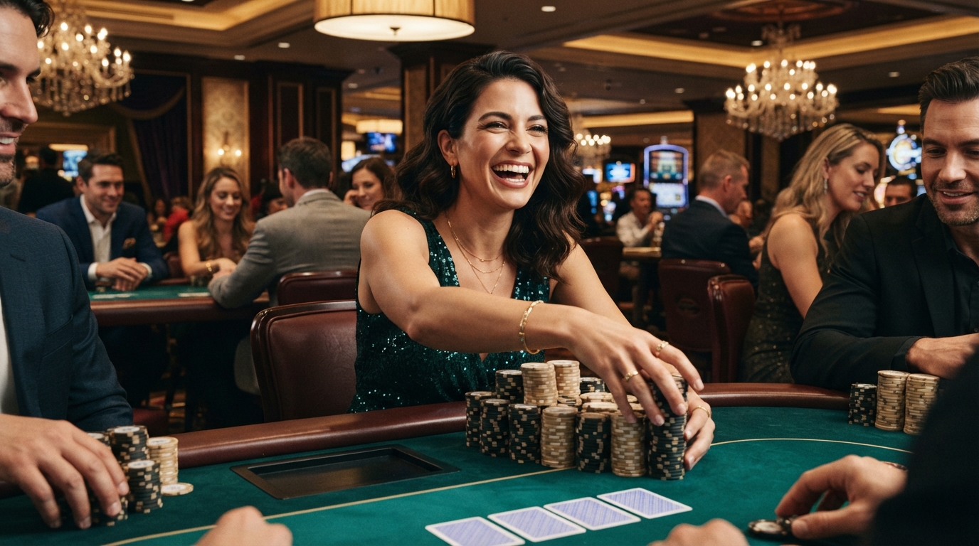 Casino bonus uden indbetaling uden ROFUS — A triumphant smile, hand reaching for a stack of chips, bathed in warm, celebrat