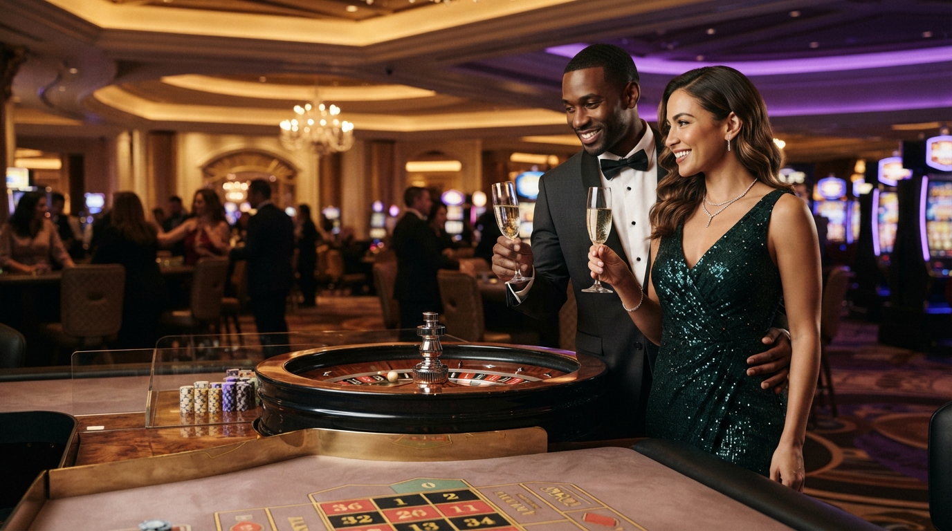Casino bonuskoder uden om ROFUS — A diverse, elegantly dressed couple clinks champagne flutes by a sleek roulette
