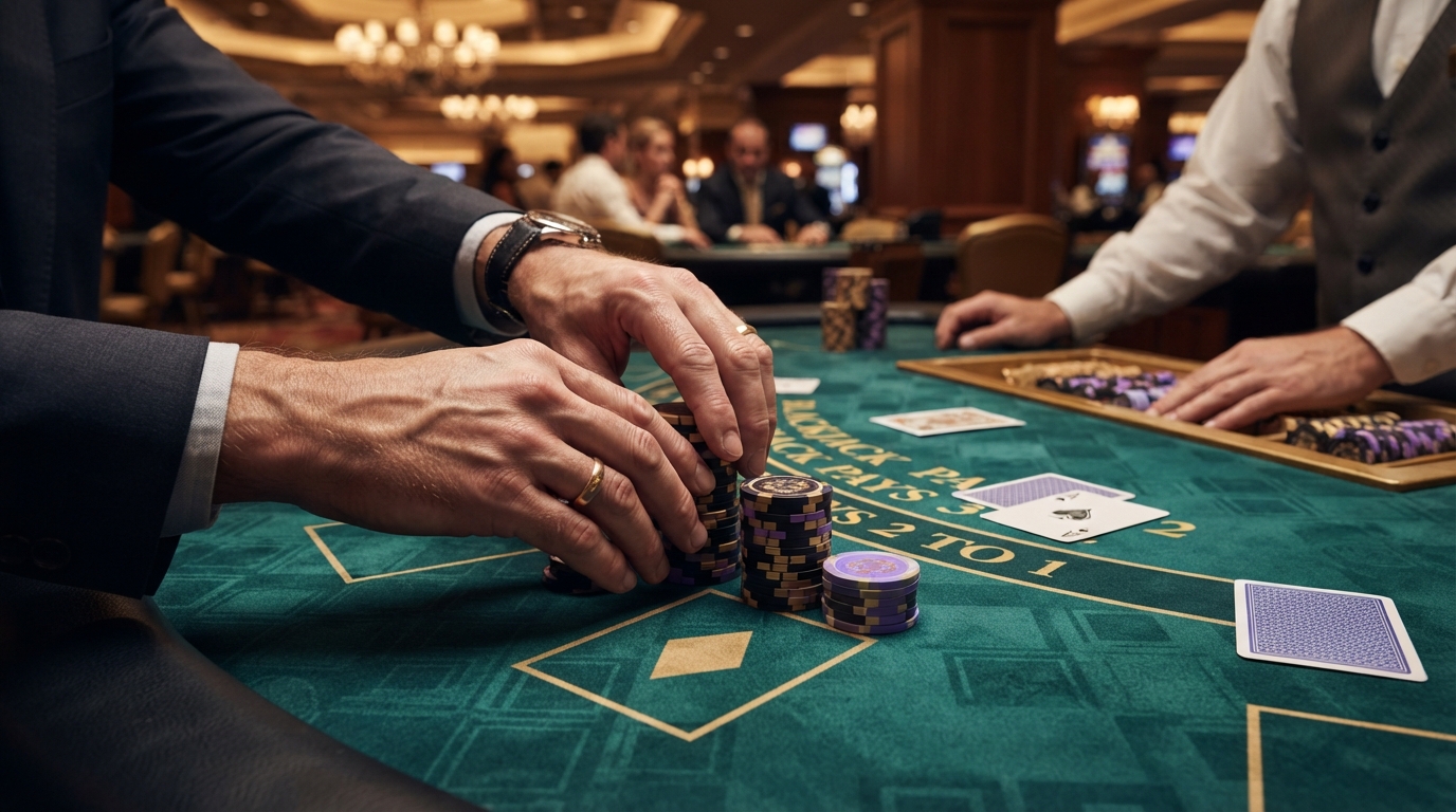 Casino bonuskoder uden om ROFUS — A close-up of skilled hands placing chips on a velvet blackjack table, hinting a