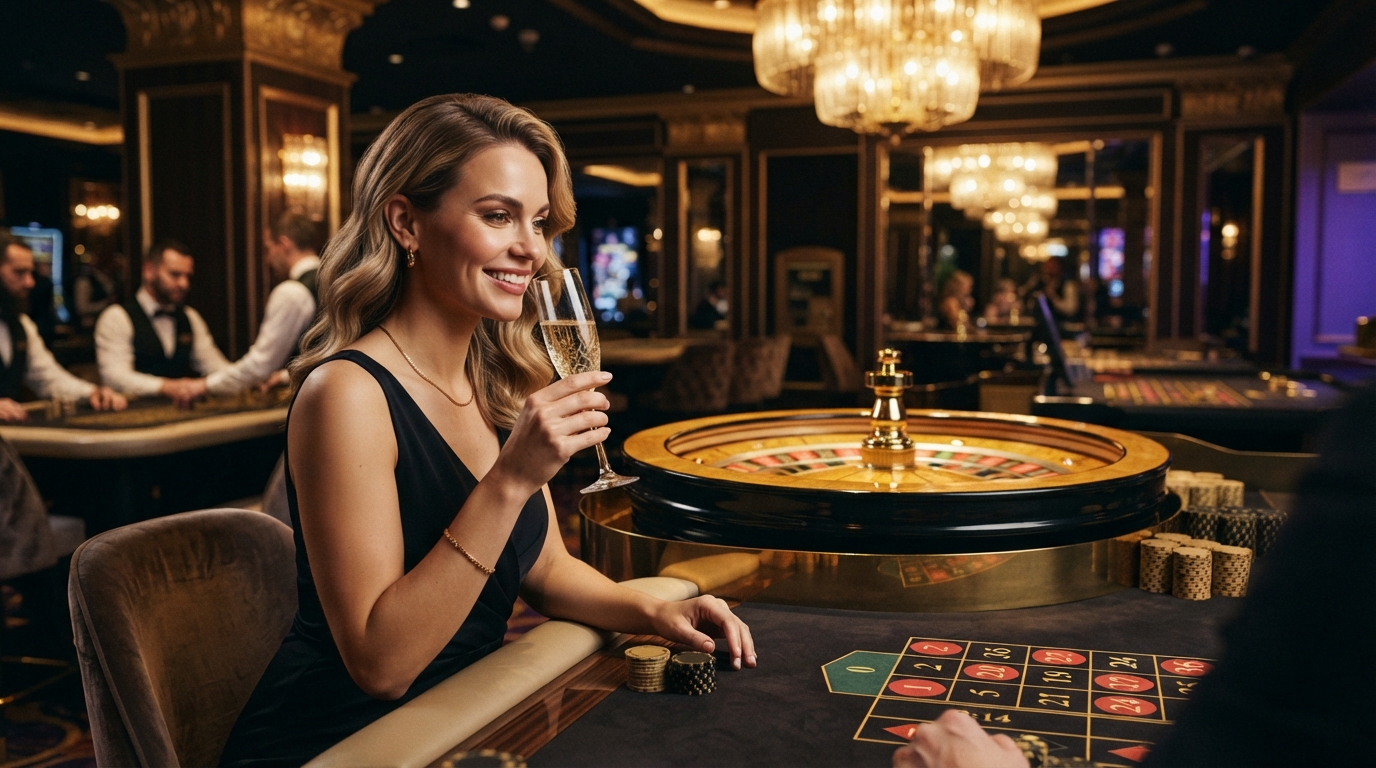 Casino uden ROFUS med Apple Pay — En elegant kvinde nipper til champagne med et smil, mens hun ser på et rouletteh