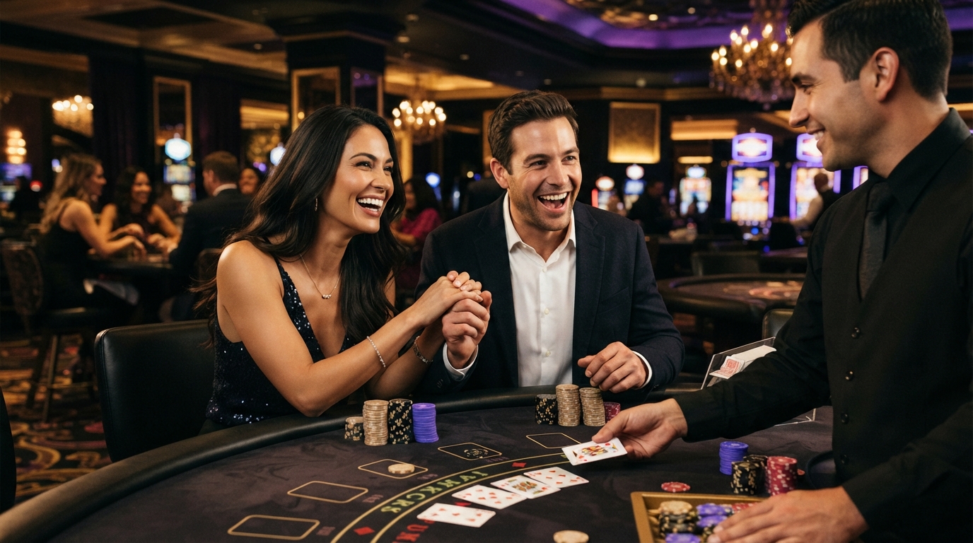 Casino uden ROFUS med Apple Pay — Et par holder hinanden i hånden ved et blackjackbord, deres ansigter lyser op af