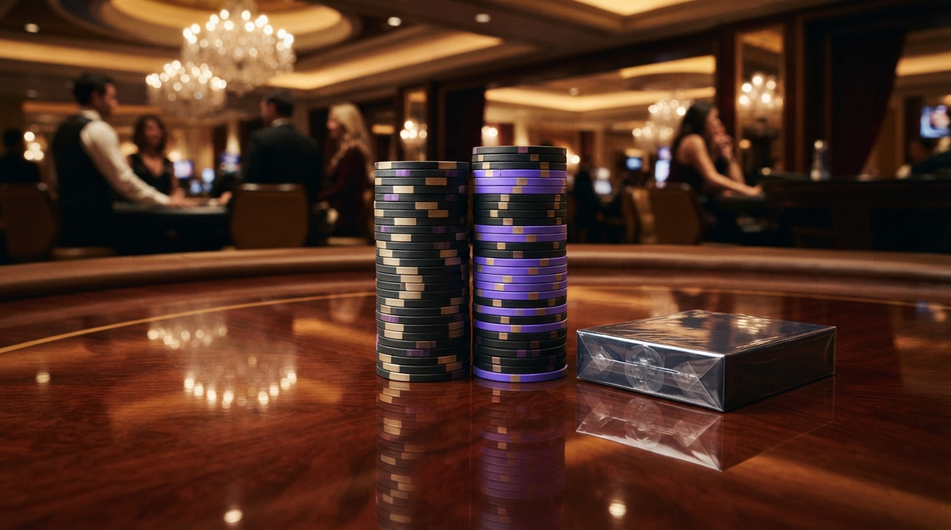 Casino uden ROFUS med Apple Pay — Et nærbillede af veltilrettelagte jetoner og et kortspil på et skinnende bord, m