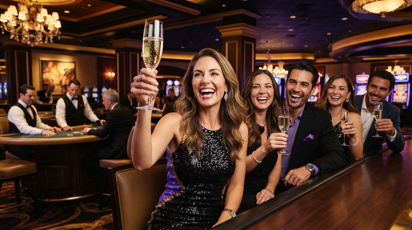 Casino uden ROFILLER Nem Udbetaling — En aften til at fejre, et glas champagne løftet i triumf.