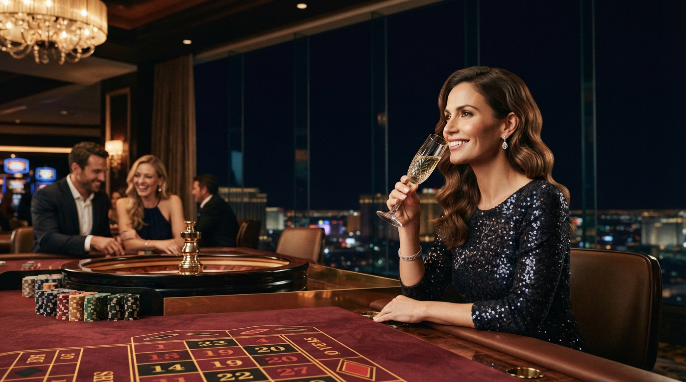 Voodoodreams nye casino: Vælg det rette — (da-DK) Elegant kvinde nipper til champagne ved et glitrende roulettebord, dybso