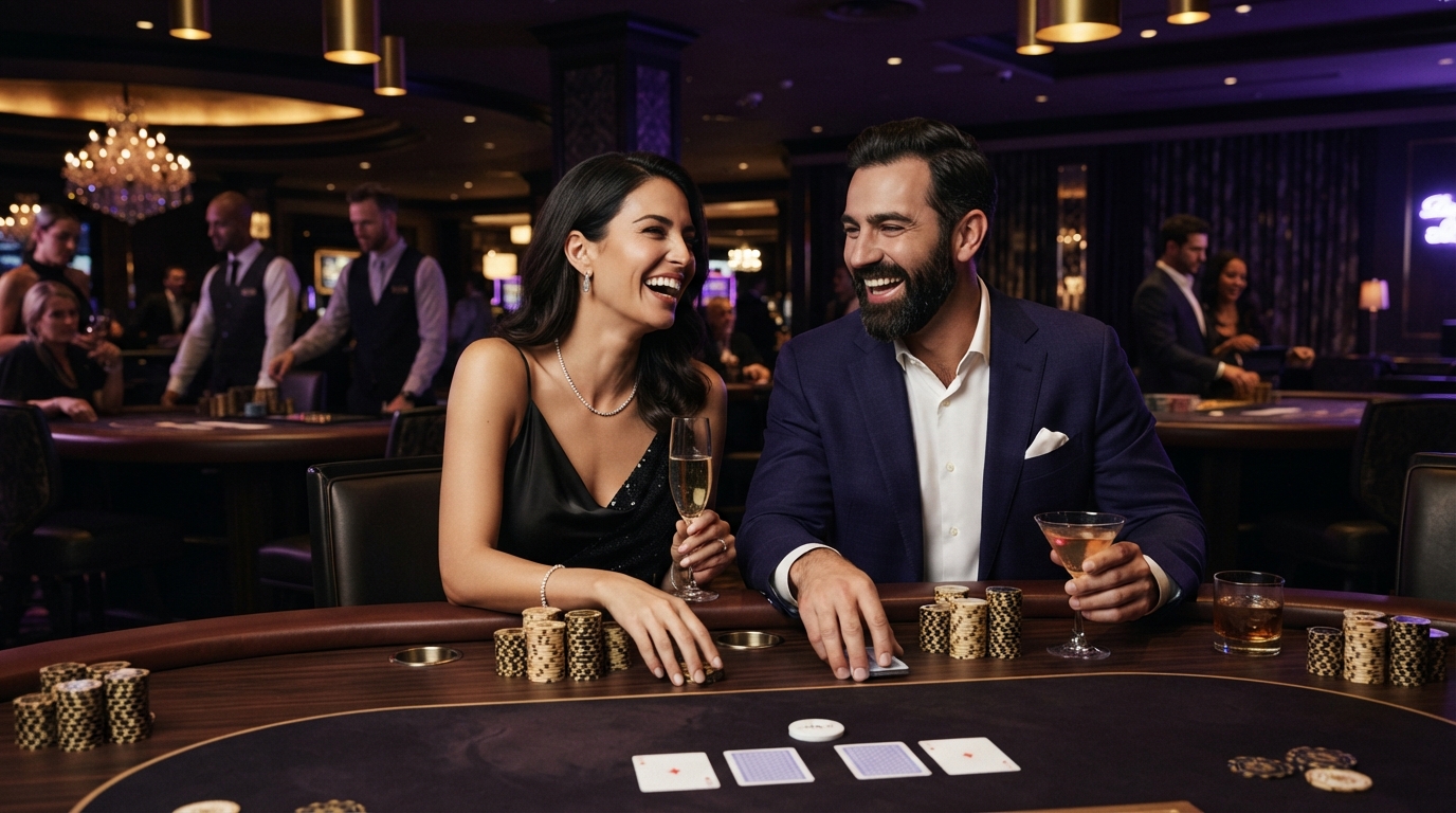 Voodoodreams nye casino: Vælg det rette — (da-DK) Par i stilfuldt tøj griner let ved et pokerbord med gyldne jetoner, dæmp