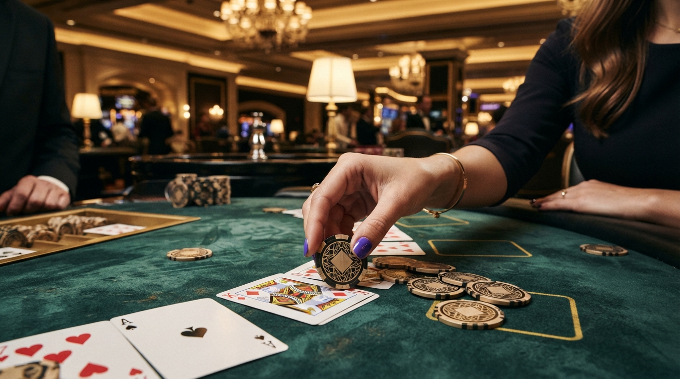 Voodoodreams nye casino: Vælg det rette — (da-DK) Hånd med poleret negl lægger forsigtigt en jeton på et kortspil, fokus p